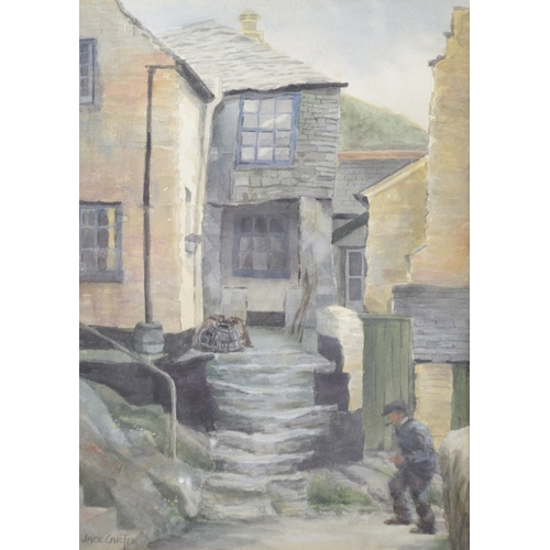 132 - JACK CARTER (BRITISH 20TH CENTURY) West Country fishing villages, narrow back streets with a fisherm... 