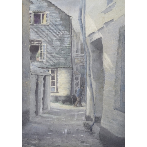 132 - JACK CARTER (BRITISH 20TH CENTURY) West Country fishing villages, narrow back streets with a fisherm... 