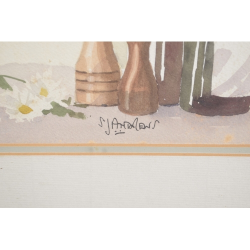 133 - S J ANDREWS (20TH CENTURY) Kitchen still life of colourful flowers and wine bottles, watercolour, si... 