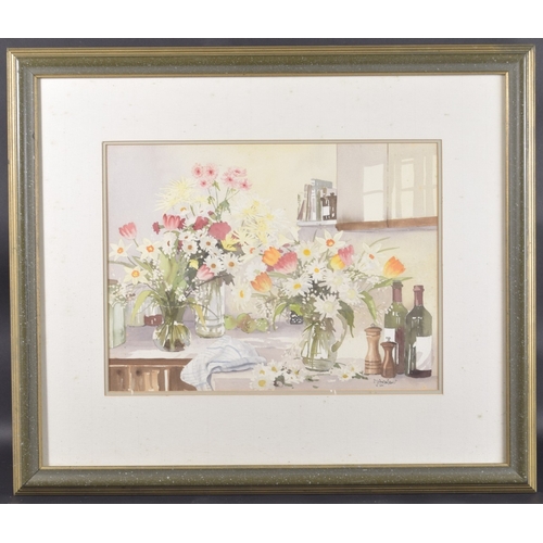 133 - S J ANDREWS (20TH CENTURY) Kitchen still life of colourful flowers and wine bottles, watercolour, si... 