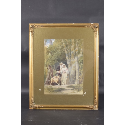 137 - LABY (19TH CENTURY) A couple in a clearing with attendant hounds, watercolour, signed indistinctly, ... 