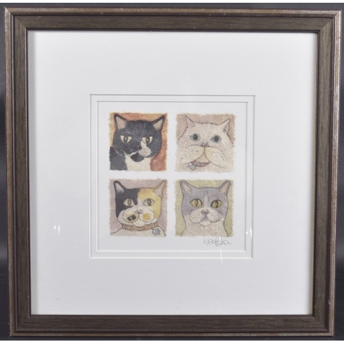 142 - NIKKI BELTON (CONTEMPORARY) Four various cats heads, mixed media on handmade paper, mounted in a sin... 