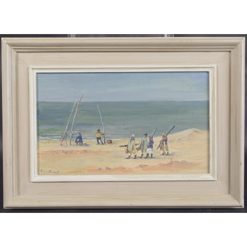 152 - HERMIONE HAMMOND (1910-2005) BRITISH. Fishing off a beach, oil on board, inscribed verso 'Skate Fish... 