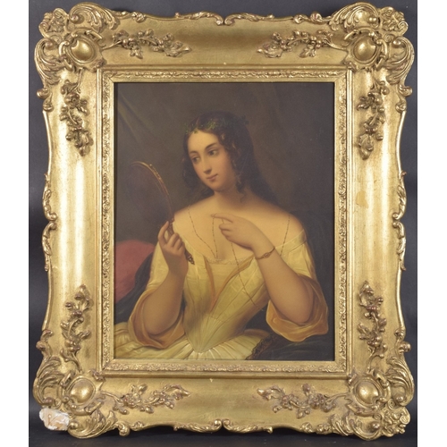 157 - EARLY VICTORIAN SCHOOL. Portrait half length of a young lady holding a hand mirror. Metal panel 16.5... 