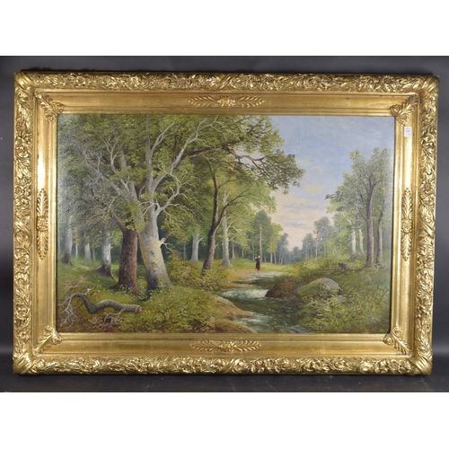 159 - A. CLAMET. CIRCA. 1920.  CONTINENTAL A woodland landscape with a woman beside a stream, in a superb ... 