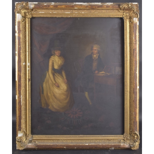 162 - 18TH CENTURY SCHOOL. Interior scene of a seated woman and clerk at a desk, oil on board. 20.5