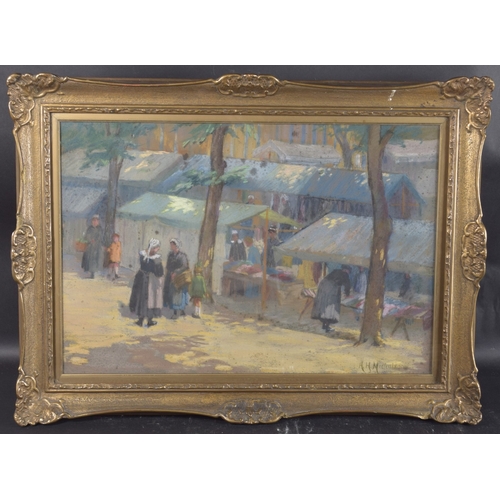 167 - ALICE HOGARTH NICHOLSON (1865-1950) BRITISH. Brittany market scene with figures. Signed. Pastel on b... 