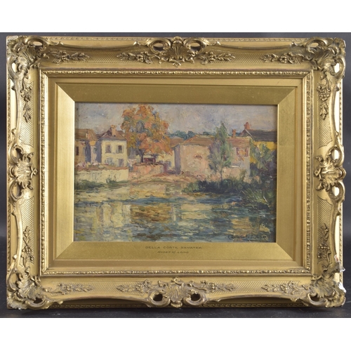 169 - AURELIA DELLA CORTE SZVATEK (EARLY 20TH CENTURY) View of houses on riverbank, oil on panel, mount in... 