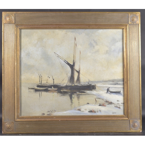 174 - LIPSTEIN moored boats and tenders, oil on canvas, signed. 19.5