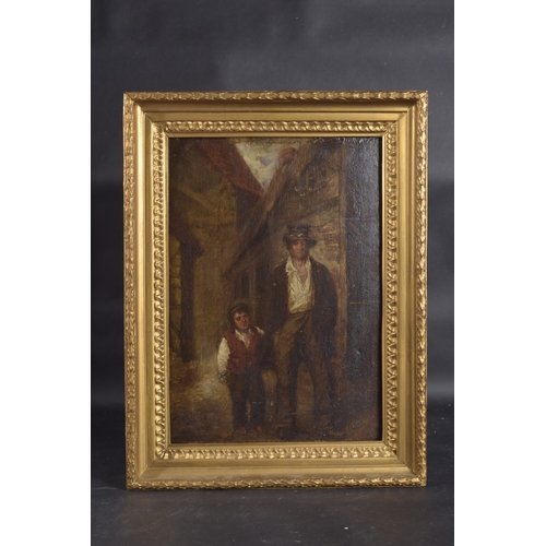 185 - IRISH SCHOOL (19TH CENTURY) Man and boy standing in a back street, oil on panel, 13.5