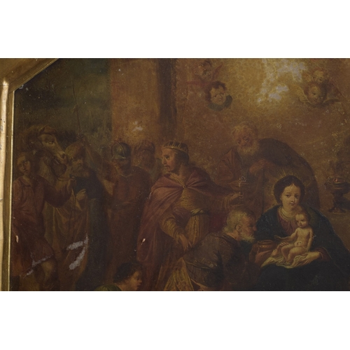 188 - ATTRIBUTED TO ROTTENHAMER The adoration of the Magi, oil on octagonal stone? panel, label verso, uns... 