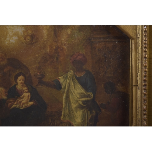 188 - ATTRIBUTED TO ROTTENHAMER The adoration of the Magi, oil on octagonal stone? panel, label verso, uns... 