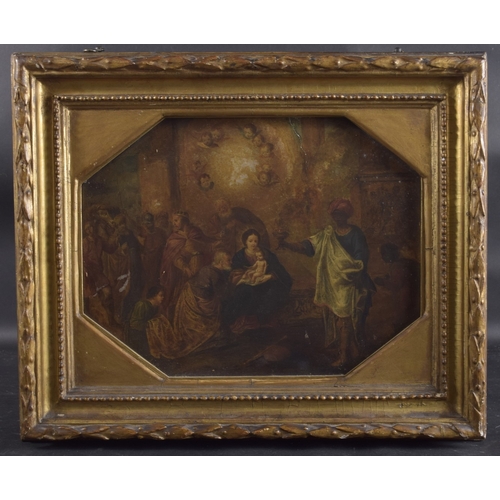 188 - ATTRIBUTED TO ROTTENHAMER The adoration of the Magi, oil on octagonal stone? panel, label verso, uns... 