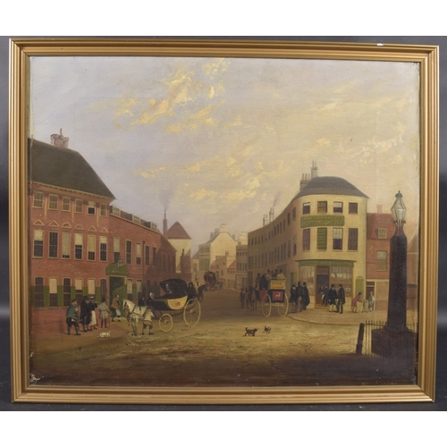 190 - EARLY 19TH CENTURY BRITISH SCHOOL Town square with stage coaches and standers-by, oil on canvas, 20