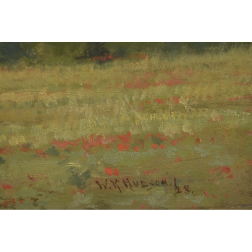 191 - W K HUDSON (EARLY 20TH CENTURY BRITISH) Downland landscape with poppy field and village church beyon... 