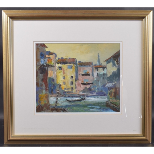 199 - MARK RANDALL (BRITISH, 20TH CENTURY) 'Venetian Shadows' Venice canal side, Oil on board, Llewellyn A... 