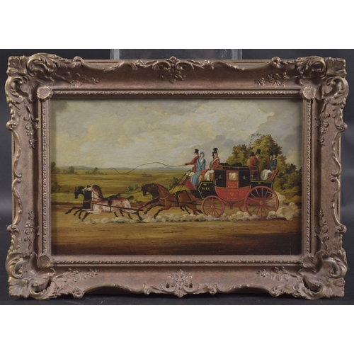 202 - EARLY 19TH CENTURY SCHOOL Stage coach and team of four galloping horses, oil on board, 7.5