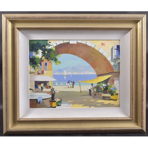 203 - D'OYLY JOHN (1906-1993) Flower Market, Portofino, Italian Riviera, oil on canvas, signed, 11.75