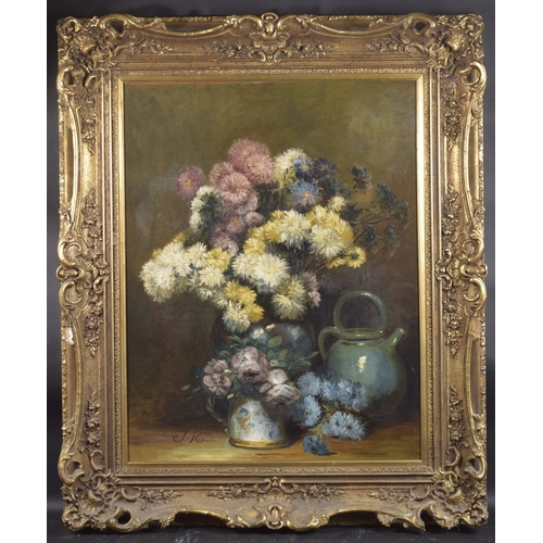 206 - ENGLISH SCHOOL (20TH CENTURY) Still life of chrysanthemum flowers in a vase, oil on canvas, initiale... 