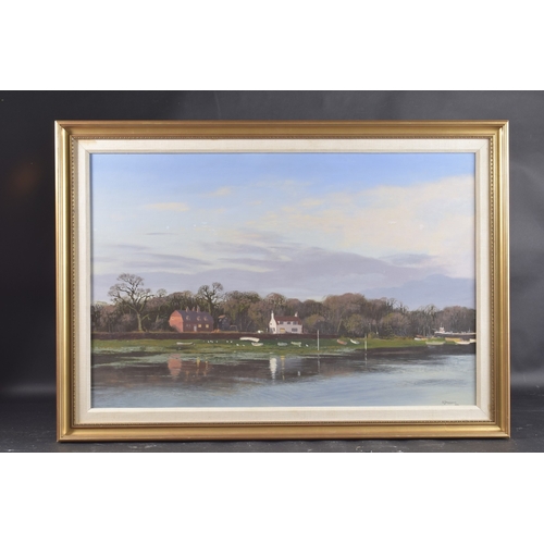 208 - S J ANDREWS (20TH CENTURY) 'Evening, Pin Mill, Suffolk' acrylic on board, signed, and dated 1980, 19... 