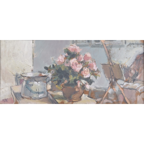 210 - CIRCLE OF GLADYS McCABE An artist painting a still life of pink roses, oil on board, signed TOE, 8.2... 