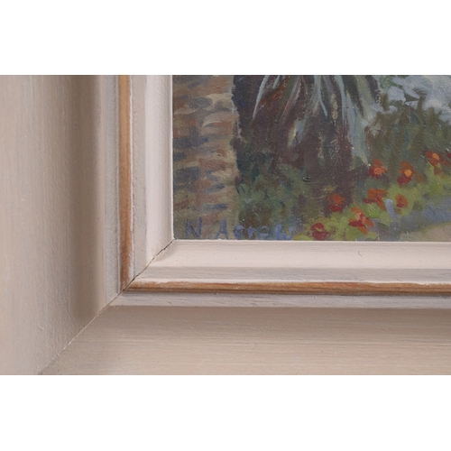 214 - LADY NANCY AGNEW 'Blue shutters France' oil on board, signed, Chelsea Art Society label verso, 6.25