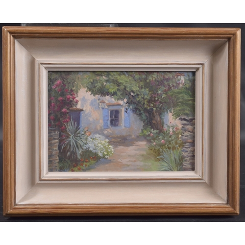 214 - LADY NANCY AGNEW 'Blue shutters France' oil on board, signed, Chelsea Art Society label verso, 6.25