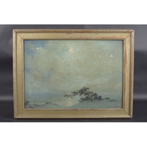 220 - FRANK MONTAGUE MOORE Moonlit coastline view at Carmel, oil on board, signed and dated 1935, 13.5 x 1... 