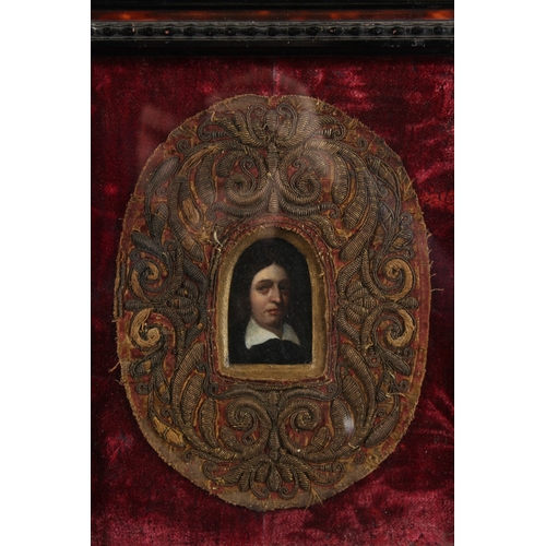 225 - CIRCLE OF GERARD TER BORCH A miniature portrait of a gentleman in a white collar, oil, 2.75