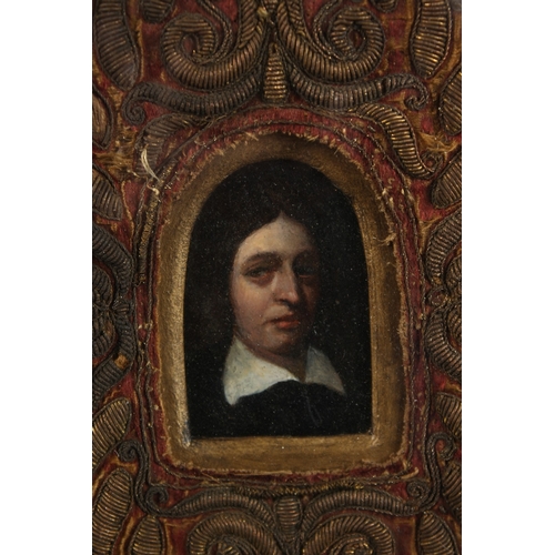 225 - CIRCLE OF GERARD TER BORCH A miniature portrait of a gentleman in a white collar, oil, 2.75