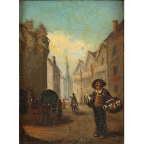 226 - LATE 19TH CENTURY FRENCH SCHOOL Figure carrying earthenware flasks in a busy street, oil on panel 9