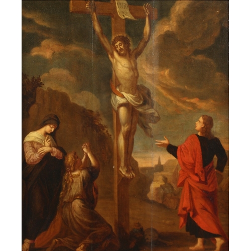 227 - LATE 17TH CENTURY FLEMISH SCHOOL Christ on the cross with saints in attendance. Oil on panel (with o... 