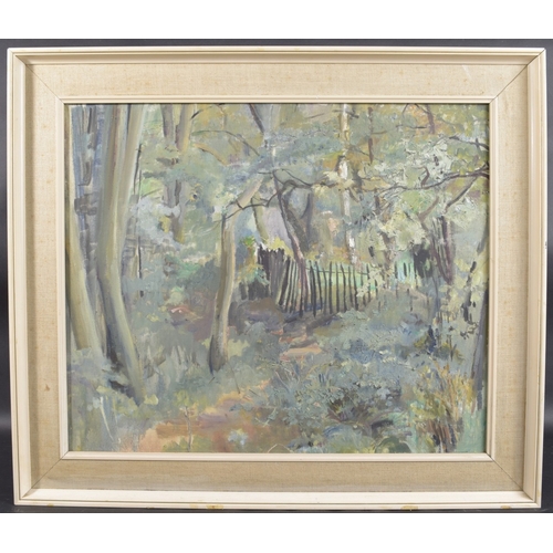 237 - MARJORIE M INCLEDON (1891-1973) Woodland glade, oil on canvas, labels verso, inscribed 'Woodcocks, D... 