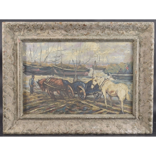 242 - 20TH CENTURY EUROPEAN SCHOOL Harbour scene with a figure leading a cart and horses, oil on canvas, i... 