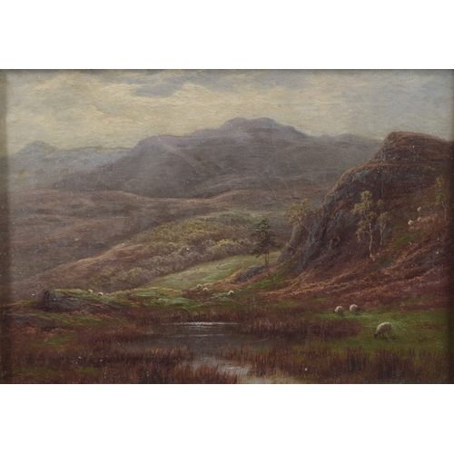 246 - WILLIAM MELLOR (1851-1931) mountain views with grazing sheep and rocky stream pair of oils on canvas... 