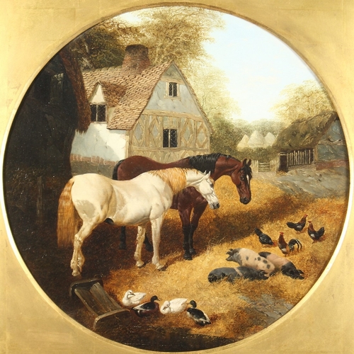 248 - JOHN FREDERICK HERRING Jnr (1815-1907) Horses with pigs, ducks and chickens in a farmyard, oil on ca... 