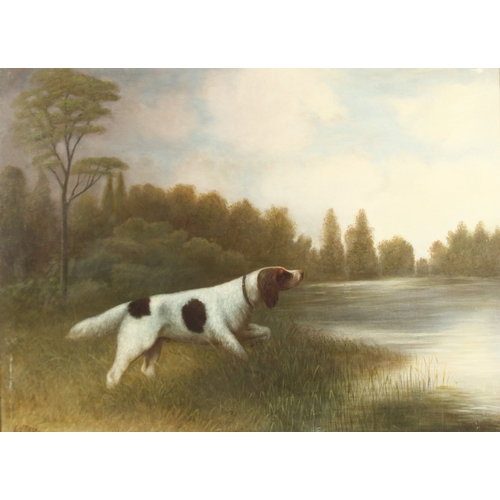 250 - E. PLACE. A pointer dog beside a river, oil on canvas. Signed.   24