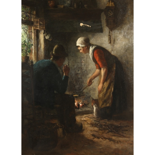 256 - J. BRUGMAN. Interior, a woman cooking by an open fire, a man and a cat. Signed.  Oil on canvas.  32