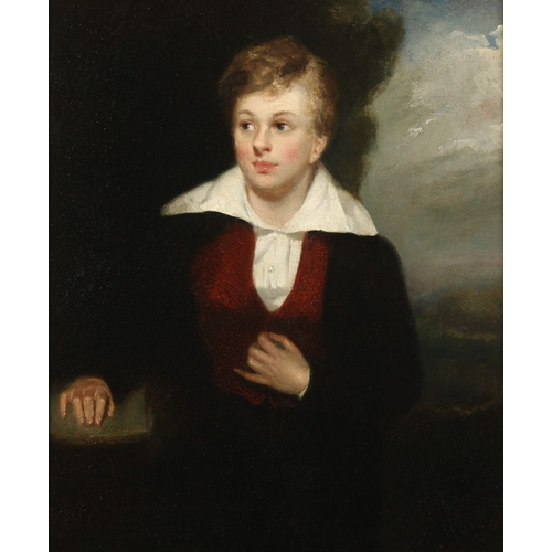 258 - JOHN MADDISON. A portrait, three-quarter length, of a young boy in a landscape, oil on canvas. 18