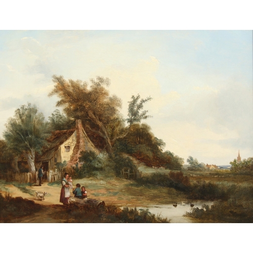 259 - 19TH CENTURY ENGLISH SCHOOL. A family before a cottage, ducks on the pond, church in the distance. 1... 