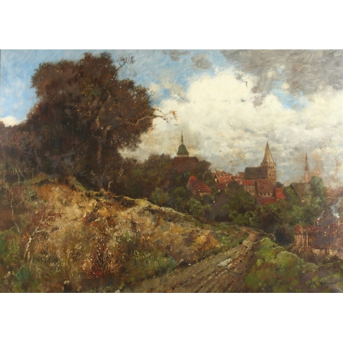 266 - KARL HEFFNER (1849-1925 GERMAN) Landscape with a town, two church towers, buildings and tress, canva... 