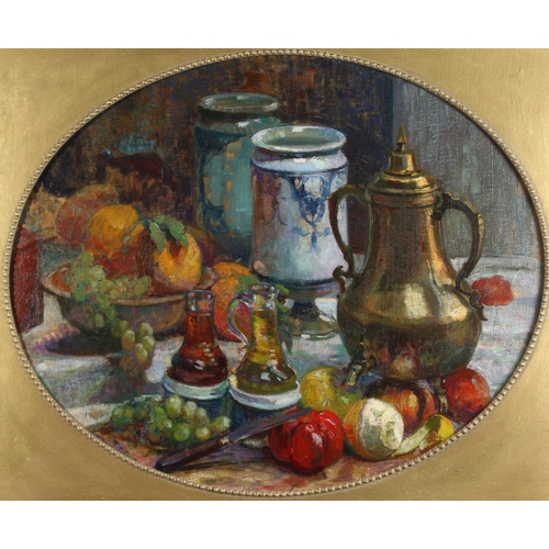 267 - FERNAND GUEY (b. 1877) FRENCH. Still life, a copper urn, vase and fruit. Signed. Oil on canvas. Oval... 