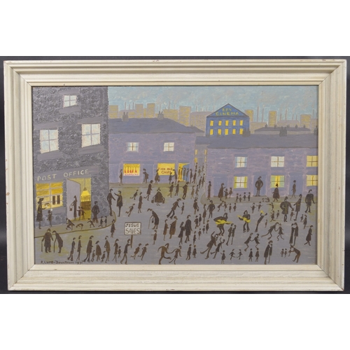 271 - R LUMB AFTER LS LOWRY 'Downtown' busy street scene with distant mill chimneys, oil on board, signed ... 