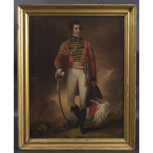 275 - EARLY 19TH CENTURY BRITISH SCHOOL Portrait of a British Army officer in uniform, standing and holdin... 