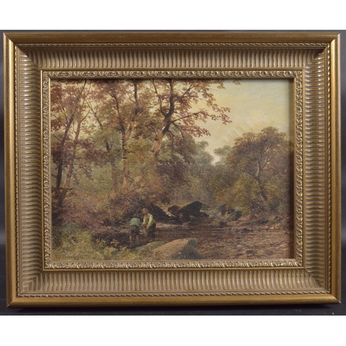 276 - THOMAS CRESWICK (1811-1865) Woodland glade with fishermen, oil on board, signed, 11.5 x 15.5