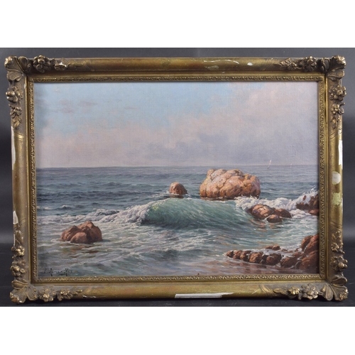 279 - EDWARD CHARLES RENE-HIS (1877-1960) Seascape from a rocky shore, oil on canvas, signed, 14.25