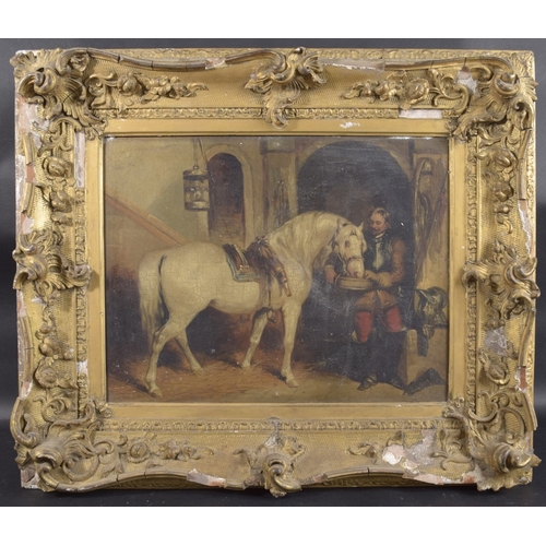 282 - AFTER EDWARD LANDSEER Cavalry officer feeding his horse in a stable, 19th century oil on canvas, 13.... 