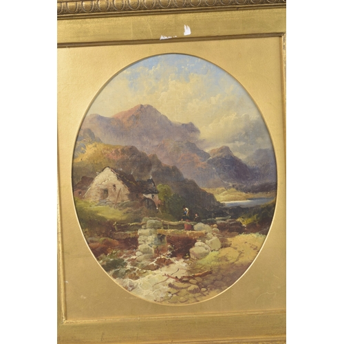 284 - JOSEPH HORLOR (1809-1887) Mountain views with water mill and cottages, pair of oils on canvas, oval ... 