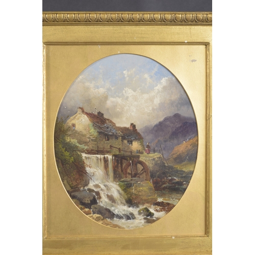 284 - JOSEPH HORLOR (1809-1887) Mountain views with water mill and cottages, pair of oils on canvas, oval ... 