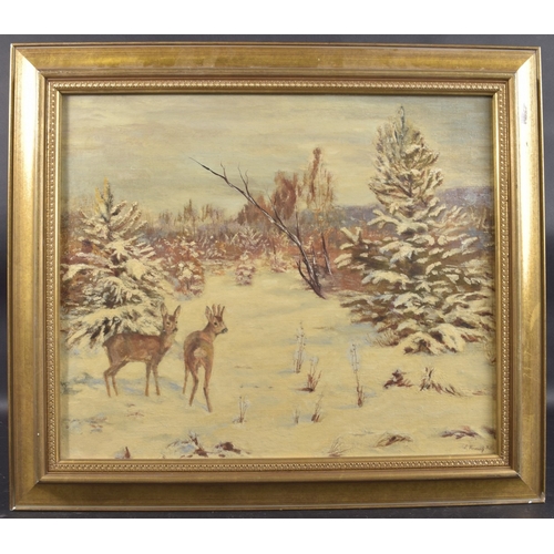 287 - WILLY LORENZ (GERMAN 1901-1981) Two deer in a snowy winter landscape, oil on board, signed, 18.5